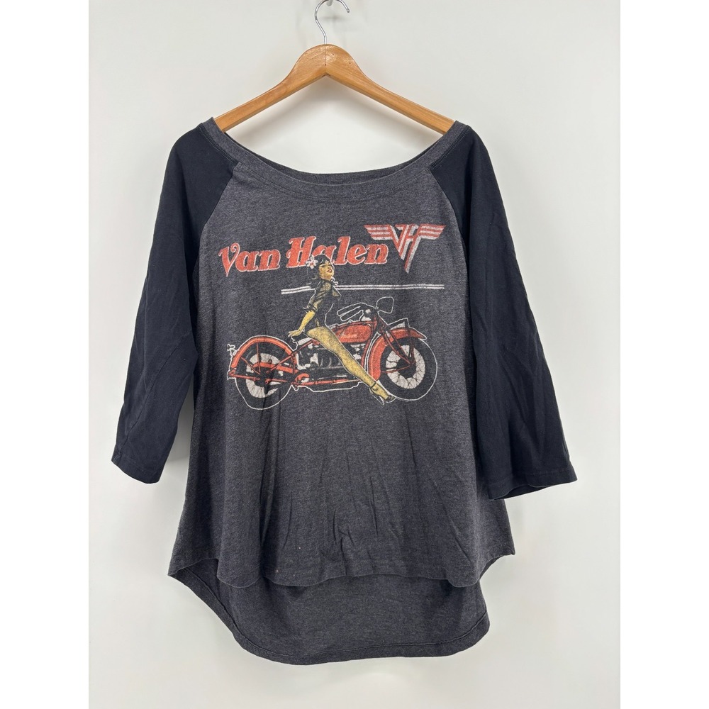 Van Halen Pin-Up Girl Motorcycle Raglan T-Shirt Mens Gray 3/4 Sleeve Large